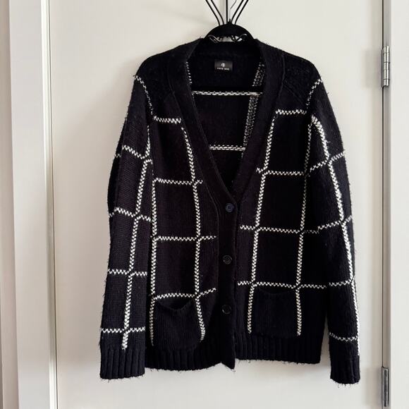 Anine Bing Cardigan Kurt Black Plaid Knitted Front Button Long Sleeve Sz M - Picture 5 of 7